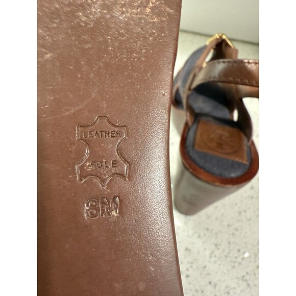 Tory Burch Women’s Wedges Florian Denim Brown Leather Platform Sandals Heels 8M - Picture 9 of 12
